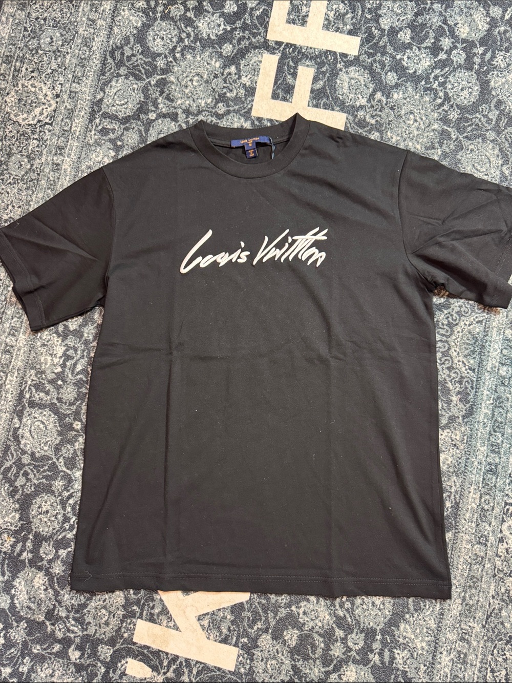 Louis Vuitton Black Short-Sleeve Crew Tee with White Script Chest Logo